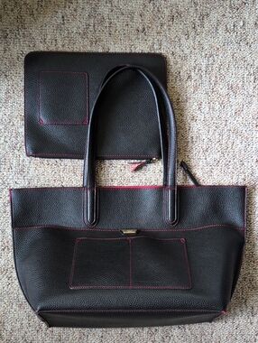 Tutilo New Yorl Black Tote Bag with Red Lining With Pouch- Women's Shoulder Bag